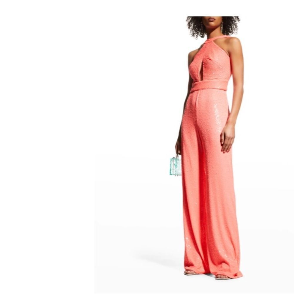NEW Tadashi Shoji SHO Ceris Pink cutout halter wide leg sequins jumpsuit 10